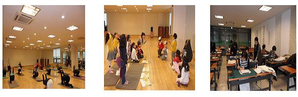 자치회관 활동 사진 3장 이미지, 체육활동, 아이들의 학습활동, 서예를 하는 모습 같이 자치회관 운영프로그램을 수강하는 주민들의 모습이 담겨있다.