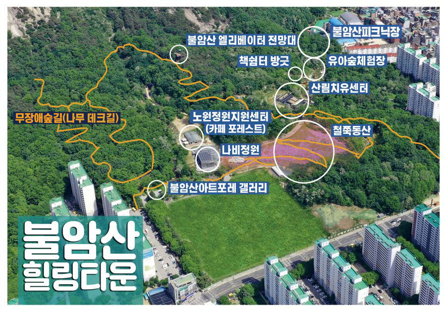 불암산 힐링타운 : 생태학습관, 나비정원, 노원정원지원센터, 철쭉동산,산림치유센터, 유아숲체험장, 불암산피크닉장, 불암산 엘리베이터 전망대, 순환산책로(나무 데크길)