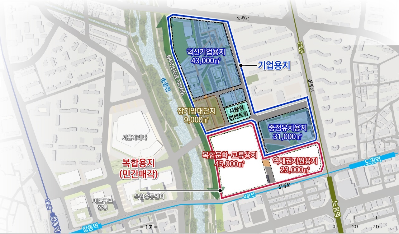 도지이용계획(안)/기업용지[혁신기업용지 43,000 / 장기임대단지 9,000 / 중점유치용지 31,000 ], 복합용지(민간매각)[ 복합문화 교류용지 45,000 / 역세권지원용지 23,000 ]