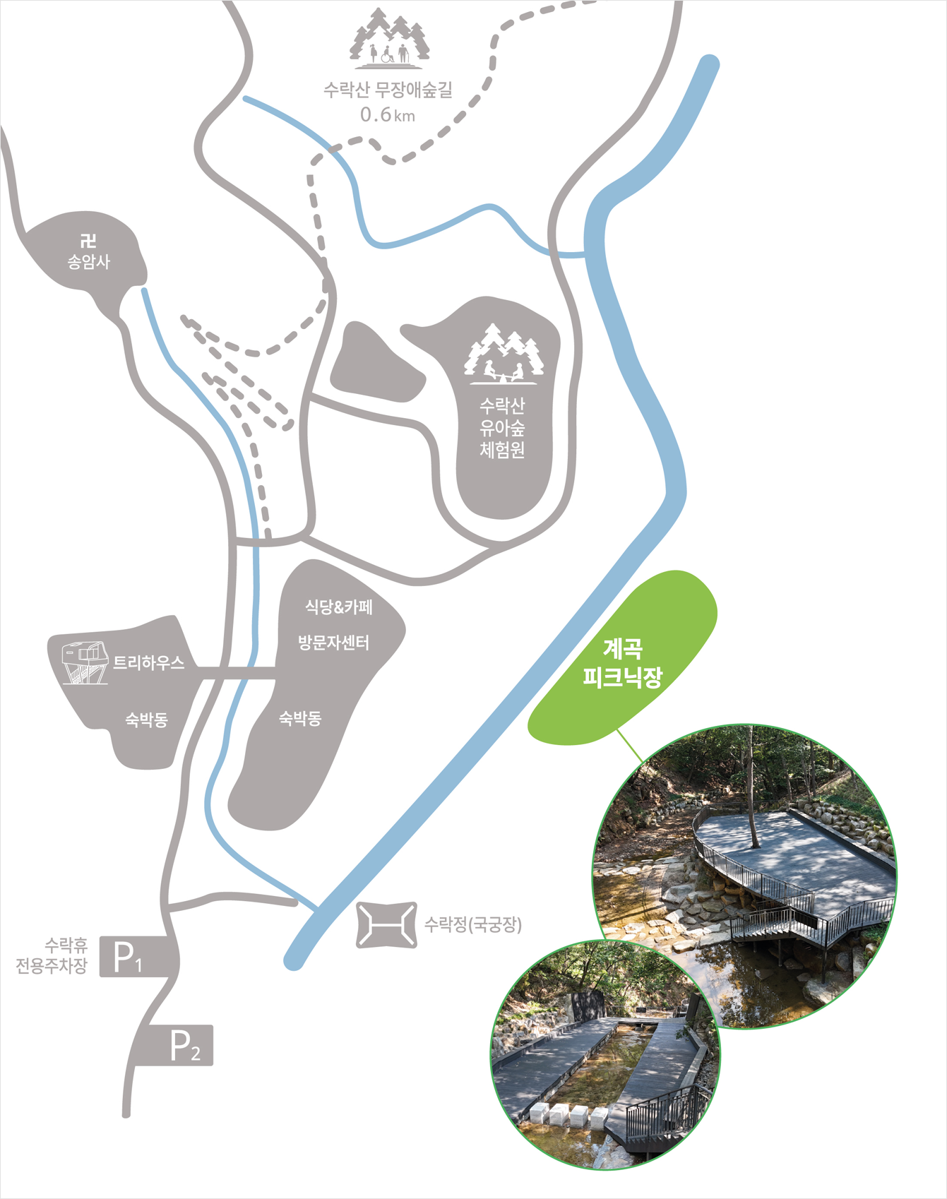 유아숲 체험원 주변시설 : 트리하우스, 계곡피크닉장, 체험용 트리하우스, 나무놀이터, 모래놀이터, 언덕놀이터, 숲소리놀이터, 나뭇잎교실