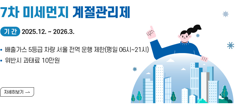 [제목] 7차 미세먼지 계절관리제 [내용] 기간: 2025.12 ~ 2026.3 배출가스 5등급 차량 서울 전역 운행 제한(평일 06시~21시) 위반 시 과태료 10만원