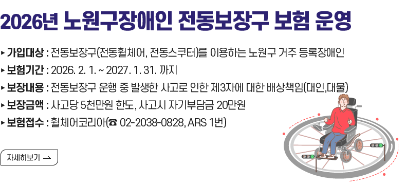  [제목] [2026년 노원구장애인 전동보장구 보험 운영]  [내용]  ▸ 가입대상 : 전동보장구(전동휠체어, 전동스쿠터)를 이용하는 노원구 거주 등록장애인 ▸ 보험기간 : 2026. 2. 1. ~ 2027. 1. 31. 까지 ▸ 보장내용 : 전동보장구 운행 중 발생한 사고로 인한 제3자에 대한 배상책임(대인,대물) ▸ 보장금액 : 사고당 5천만원 한도, 사고시 자기부담금 20만원 ▸ 문    의 : 노원구청 장애인복지과(☎02-2116-3317) ▸ 보험접수 : 휠체어코리아(☎ 02-2038-0828, ARS 1번)  [자세히 보기]          