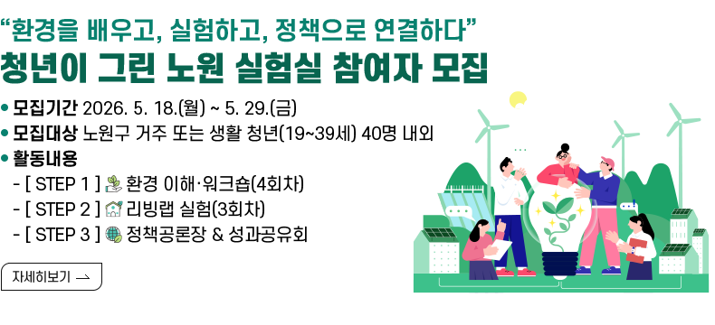 [제목] “환경을 배우고, 실험하고, 정책으로 연결하다” 청년이 그린 노원 실험실 참여자 모집  [내용] ㅇ 모집기간 2026. 5. 18.(월) ~ 5. 29.(금) ㅇ 모집대상 노원구 거주 또는 생활 청년(19~39세) 40명 내외 ㅇ 활동내용 - [ STEP 1 ] 🌱 환경 이해·워크숍(4회차) - [ STEP 2 ] 🔬 리빙랩 실험(3회차) - [ STEP 3 ] 🌍 정책공론장 & 성과공유회  [자세히 보기]