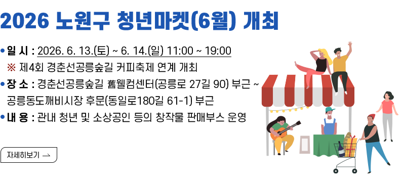 제목:2026 노원구 청년마켓(6월) 개최  내용 ○ 일 시 : 2026. 6. 13.(토) ~ 6. 14.(일) 11:00 ~ 19:00 ※ 제4회 경춘선공릉숲길 커피축제 연계 개최 ○ 장 소 : 경춘선공릉숲길 舊웰컴센터(공릉로 27길 90) 부근 ~ 공릉동도깨비시장 후문(동일로180길 61-1) 부근 ○ 내 용 : 관내 청년 및 소상공인 등의 창작물 판매부스 운영  [자세히 보기]