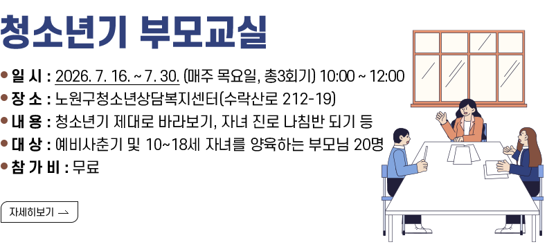 [제목] 청소년기 부모교실  [내용] ▢ 일 시 : 2026. 7. 16. ~ 7. 30. (매주 목요일, 총3회기) 10:00 ~ 12:00 ▢ 장 소 : 노원구청소년상담복지센터(수락산로 212-19) ▢ 내 용 : 청소년기 제대로 바라보기, 자녀 진로 나침반 되기 등 ▢ 대 상 : 예비사춘기 및 10~18세 자녀를 양육하는 부모님 20명 ▢ 참 가 비 : 무료  [자세히 보기]
