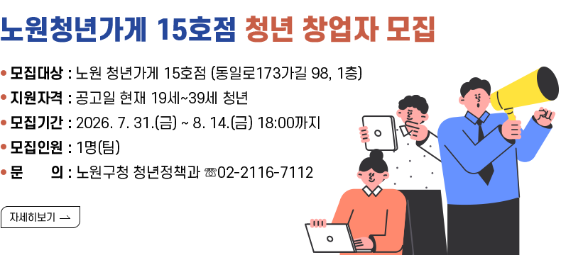 [제목] 노원 청년가게 15호점 청년창업자 모집 [내용]  ○ 모집대상 : 노원 청년가게 15호점 (동일로173가길 98, 1층)  ○ 지원자격 : 공고일 현재 19세~39세 청년   ○ 모집기간 : 2026. 7. 31.(금) ~ 8. 14.(금) 18:00까지  ○ 모집인원 : 1명(팀)  ○ 문    의 : 노원구청 청년정책과 ☏02-2116-7112 [자세히 보기]