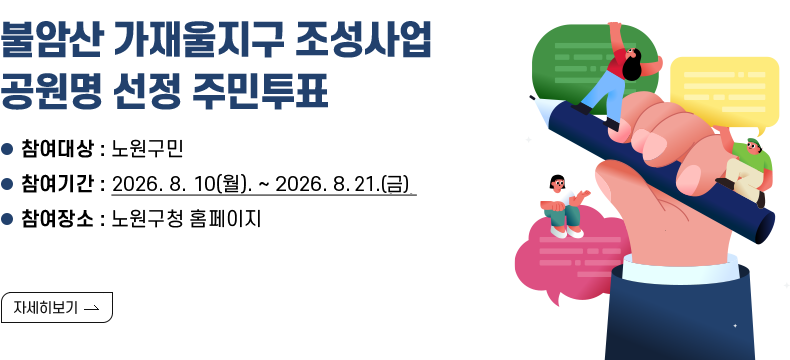 [제목] 불암산 가재울지구 조성사업 공원명 선정 주민투표  [내용] - 참여대상 : 노원구민 - 참여기간 : 2026. 8. 10(월). ~ 2026. 8. 21.(금) - 참여장소 : 노원구청 홈페이지  [자세히 보기]