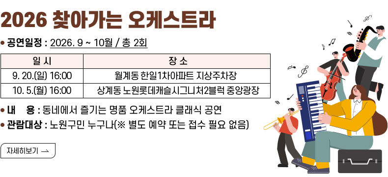[제목] ♬ 2026 찾아가는 오케스트라 [내용]   ○ 공연일정 : 2026. 9 ~ 10월 / 총 2회      일 시 장 소 9. 20.(일) 16:00 월계동 한일1차아파트 지상주차장 10. 5.(월) 16:00 상계동 노원롯데캐슬시그니처2블럭 중앙광장       ※ 세부 일정 및 장소는 하단 ‘자세히보기’ 클릭   ○ 내    용 : 동네에서 즐기는 명품 오케스트라 클래식 공연   ○ 관람대상 : 노원구민 누구나(※ 별도 예약 또는 접수 필요 없음) [자세히 보기]
